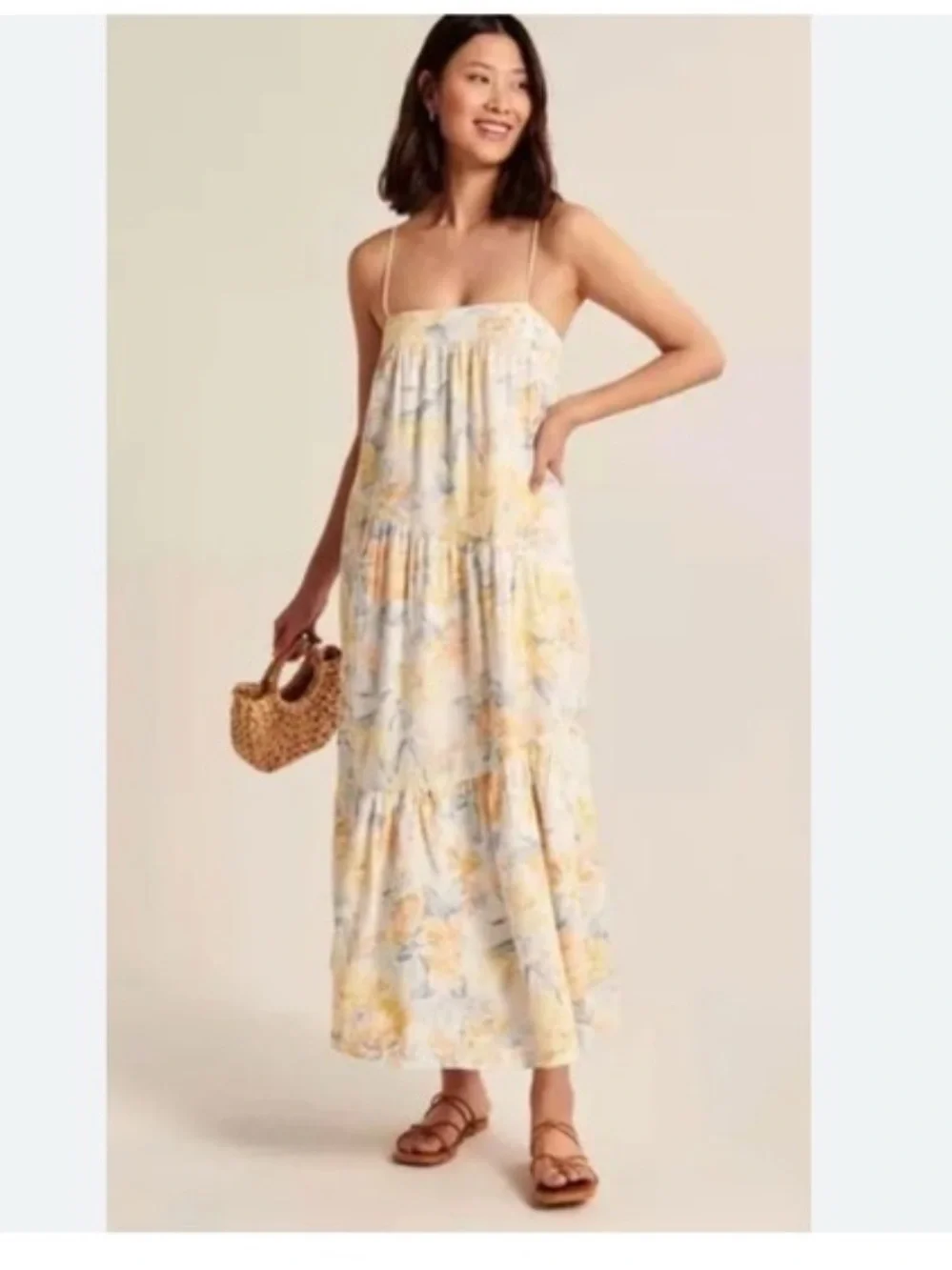 Spaghetti Strap Floral Tiered Maxi Dress in Cream and Yellow